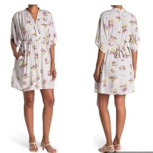 LOVE STITCH Hawaiian Tropical Print Mini Dress Kimono Sleeves Multicolor